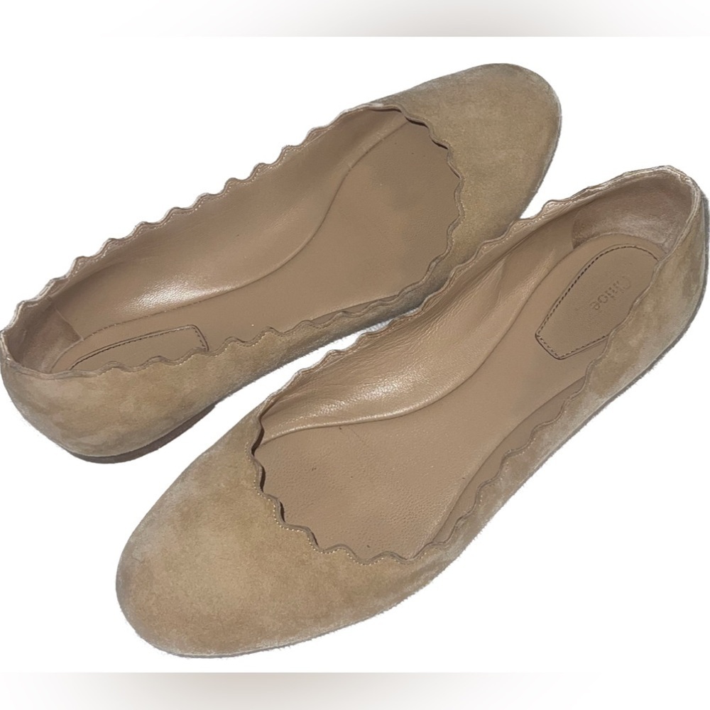 Chloe Beige Scalloped Suede Ballet Flats